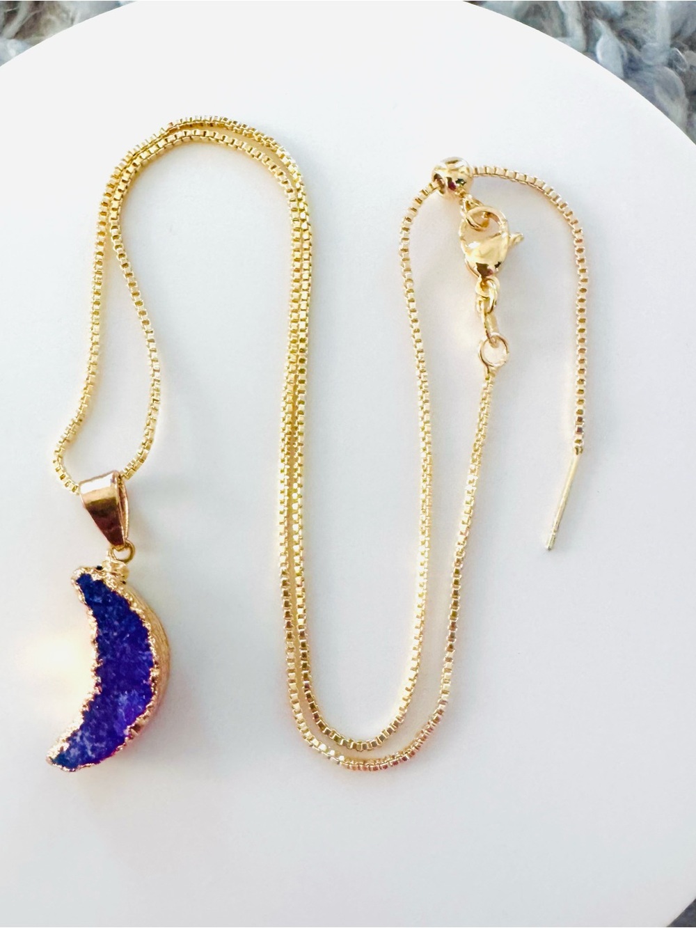 14K Gold Plated Chain Necklace with purple Druzy Moon Pendant - Women Jewelry.